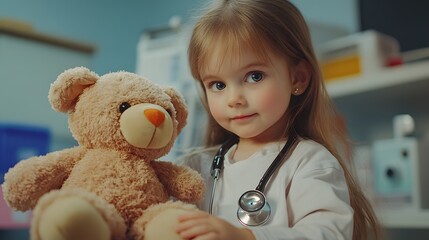 Poster - A little girl in a hospital room playing with a toy doctor set, pretending to examine her stuffed animal with a toy stethoscope. 4k resolution, Cinematic Scene
