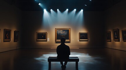 Poster - A man sitting alone on a bench in a quiet museum gallery, studying a Renaissance painting under the glow of focused spotlights. 4k resolution, Cinematic Scene