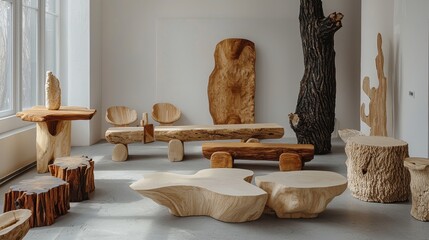 Poster - Modern Furniture Studio Showcase with Unique Wooden Pieces in Natural Light Environment