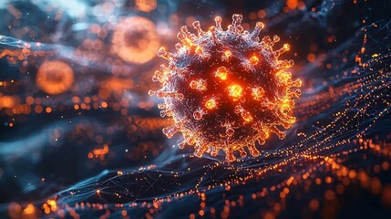 Poster - Glowing 3D Rendered Virus with Spiked Proteins Floating in Digital Space Surrounded by Molecular Structures