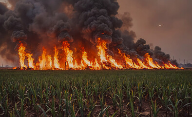Poster - Field of green grass is on fire. The fire is very large and is in the middle of the field