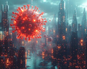 Poster - Surreal Viral Particle Floating Through Futuristic City Skyline Reflecting Pandemic Concept
