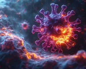 Poster - Mysterious Neon Virus Floating in Digital Space with Orbiting Particles