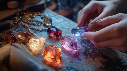 Poster - Artisan Creating Natural Gemstone Necklace with Colorful Crystals on Workbench