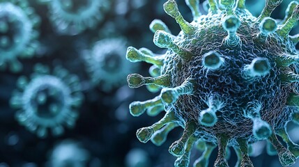 Poster - Close up View of a Microscopic Virus with Glowing Green Tendrils Attaching to a Host Cell