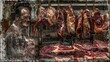 © PB Studio - A double exposure image blending the portrait of a butcher with a close-up of fresh meat hanging in the background. The intricate details of the butcher's face merge seamlessly with the textures