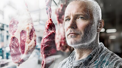 Wall Mural - A double exposure image blending the portrait of a butcher with a close-up of fresh meat hanging in the background. The intricate details of the butcher's face merge seamlessly with the textures 