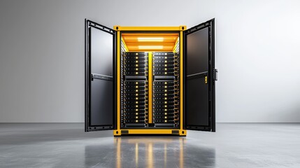 Fototapete - Yellow Server Rack Cabinet with Open Doors in Modern Data Center