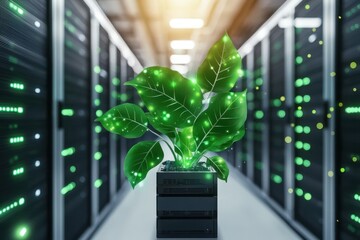 Poster - Green Plant Growing in Technology Server Room with Light Effects