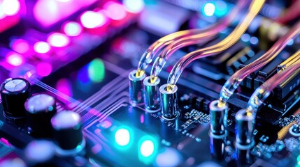 Poster - Colorful Circuit Board Close-Up with Neon Lighting and Connections