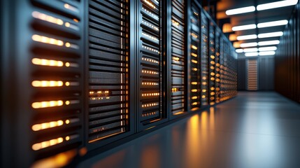 Poster - Modern Server Room with Illuminated Racks and High Technology Setup