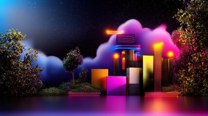 Poster - Colorful Abstract Composition with Neon Lights and Lush Vegetation