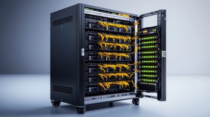Poster - Modern Server Rack with Bright Cables and LED Indicators