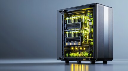 Poster - Modern Computer Case with Neon Lights and Open Panel Display