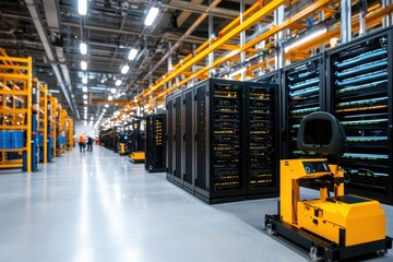 Fototapete - Modern Data Center with Network Racks and Automated Vehicle