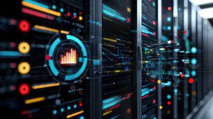 Fototapete - Advanced Data Analytics Visualization on Server Rack Background