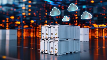 Fototapete - Modern Shipping Containers in Digital Cloud Computing Environment
