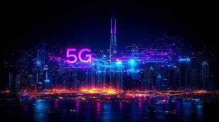 Poster - Glowing 5G Tower Emitting Waves of Data Across Futuristic Cityscape