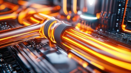 Poster - Glowing Orange Pipes on a Circuit Board in a Futuristic Setting