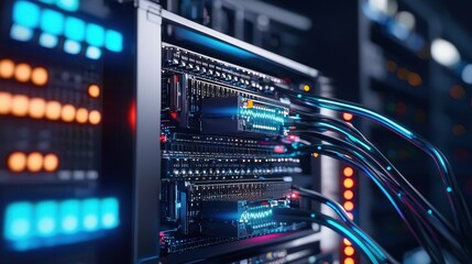 Poster - Digital Server Room with Network Cables and Data Storage Equipment