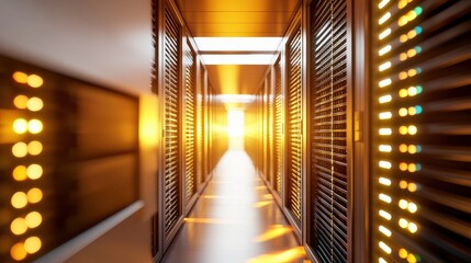 Fototapete - Futuristic Data Center Corridor with Warm Light and Modern Design