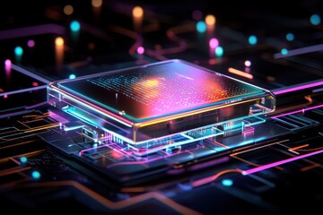 Poster - Colorful Microchip on Abstract Technological Background in Neon Glow