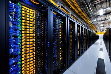 Poster - Data Center Interior with Server Racks and Blue Network Cables