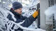 © AlfaSmart - Winter HVAC Maintenance: Expert Technician Works on Outdoor Unit in Snowy Conditions