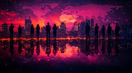 Poster - Futuristic Business Skyline with Holographic Global Legal Analysis