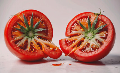 Poster - Two tomatoes are cut in half and one of them has a stem. The other tomato is cut in half and has a stem on the bottom