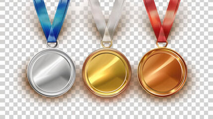 gold, silver and bronze medals, sport athlete winners award with ribbonsd.