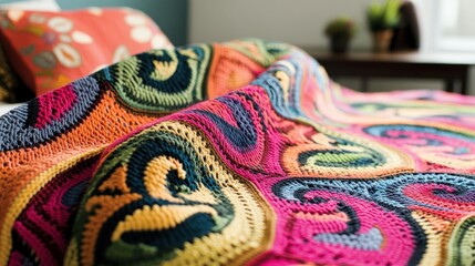 Poster - Colorful Crochet Blanket On A Bed