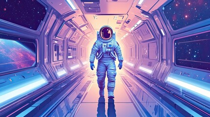 Wall Mural - astronaut walking down a futuristic space corridor