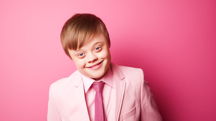 Portrait of smiling laughing teenager guy with Down syndrome pink background.