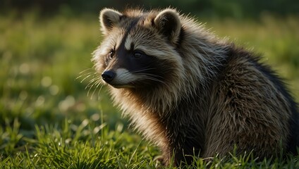 Canvas Print - Cute raccoon dog sitting in green grass.