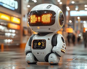 Poster - Futuristic AI Driven Customer Service Robot Aiding Shoppers in High Tech Store