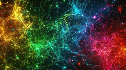 Poster - Entangled particles represented in radiant colors, illustrating the concept of quantum teleportation and instantaneous communication