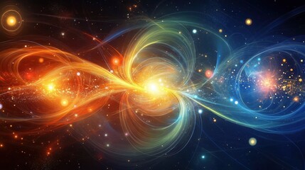 Poster - Entangled particles represented in radiant colors, illustrating the concept of quantum teleportation and instantaneous communication