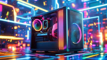 Poster - Modern Gaming PC with RGB Lighting and Neon Background Effects