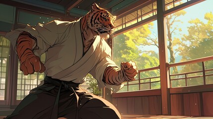 Anthropomorphic Tiger Practices Martial Arts in Dojo