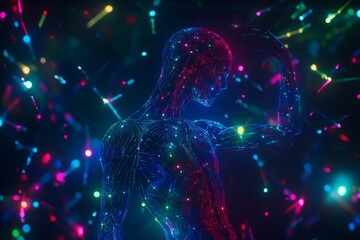 Poster - Abstract representation of a humanoid figure composed of glowing particles set against a vibrant, multicolored background showcasing a blend of technology and creativity.