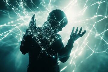 Poster - Abstract representation of a person interacting with dynamic network connections, showcasing the blend of technology and human creativity in a futuristic setting