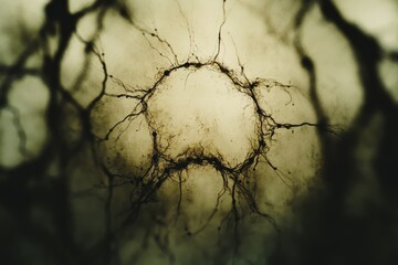 Poster - Abstract representation of neural networks illustrating complex connections and interactions within a biological context, showcasing intricate patterns in a dark environment