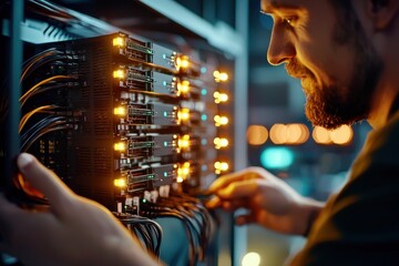 Poster - IT Technician Working with Server Rack in Data Center Environment