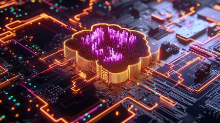 Poster - Digital Cloud Concept with Neon Lights and Circuit Board Design