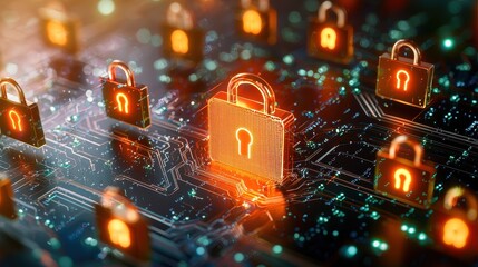 Poster - Digital Security Concept with Glowing Locks and Circuit Patterns