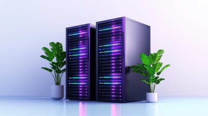 Poster - Modern Server Racks with Colorful LED Lights and Indoor Plants