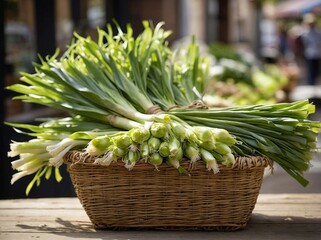 Wall Mural - Fresh leeks with their roots still intact, arranged neatly in a wicker basket placed on an outdoor table.