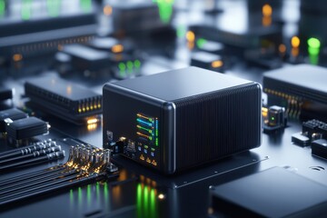 Poster - Modern Data Center Equipment with Illuminated Circuits and Hardware