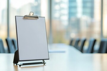 Poster - Blank Clipboard on Conference Table in Modern Office with Soft Natural Light Highlighting Sleek Design and Professional Atmosphere for Business Presentations or Planning